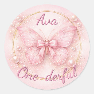 One-derful Pink Butterfly 1st Birthday  Runder Aufkleber