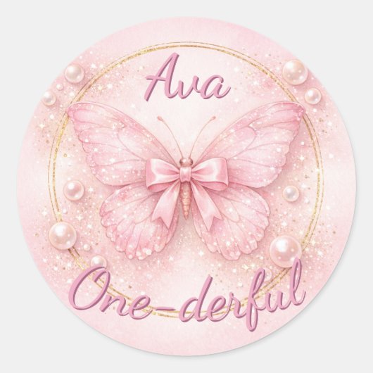 One-derful Pink Butterfly 1st Birthday Runder Aufkleber (Vorderseite)