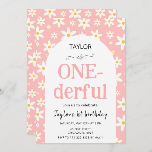 ONE-derful Pink Daisy 1st Birthday Einladung (Vorne/Hinten)
