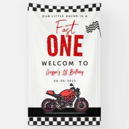 One Fast Race Motorcycle Boy 1st Birthday Party Banner