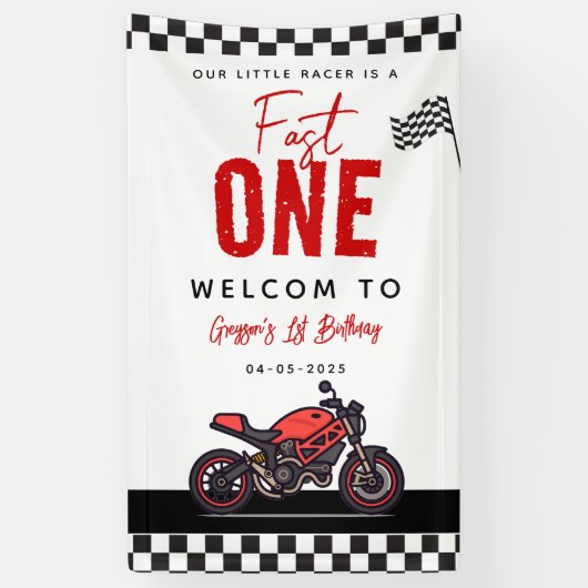 One Fast Race Motorcycle Boy 1st Birthday Party Banner (Vertikal)