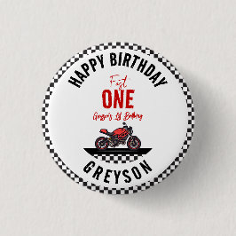 One Fast Race Motorcycle Boy 1st Birthday Party Button