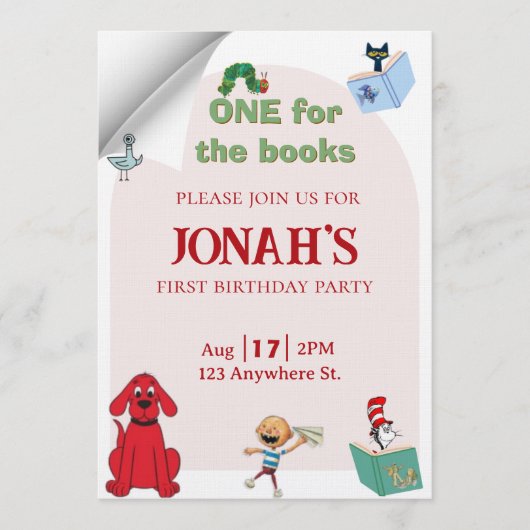 One for the books, First birthday invitation Einladung (Vorderseite)