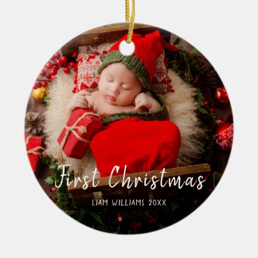One Foto Baby First Weihnachten Moderne Weiße Text Keramik Ornament (Vorne)