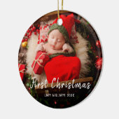 One Foto Baby First Weihnachten Moderne Weiße Text Keramik Ornament (Links)