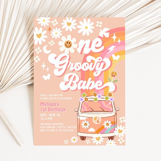 ONE Groovy Babe Daisy Rainbow Groovy 1. Geburtstag Einladung