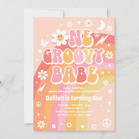 One Groovy Babe Peace Liebe Party Rainbow Birthday Einladung (Vorderseite)