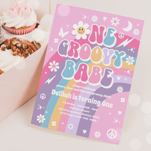 One Groovy Babe Peace Liebe Party Rainbow Birthday Einladung