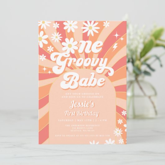 One Groovy Babe Pink Daisy 70er Floral 1. Geburtst Einladung (Stehend Vorderseite)