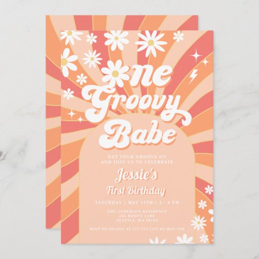 One Groovy Babe Pink Daisy 70er Floral 1. Geburtst Einladung (Vorne/Hinten)