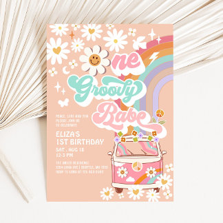 ONE Groovy Babe Pink Daisy Rainbow 1. Geburtstag Einladung