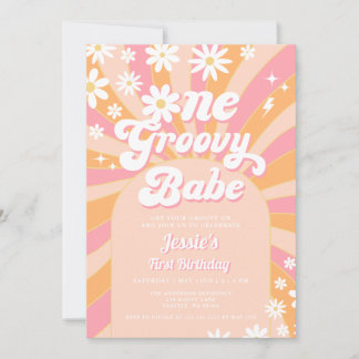 One Groovy Babe Pink Daisy Retro 1. Geburtstag Einladung