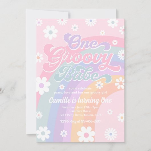 One Groovy Babe Retro Daisy Pink Rainbow Birthday Einladung (Vorderseite)