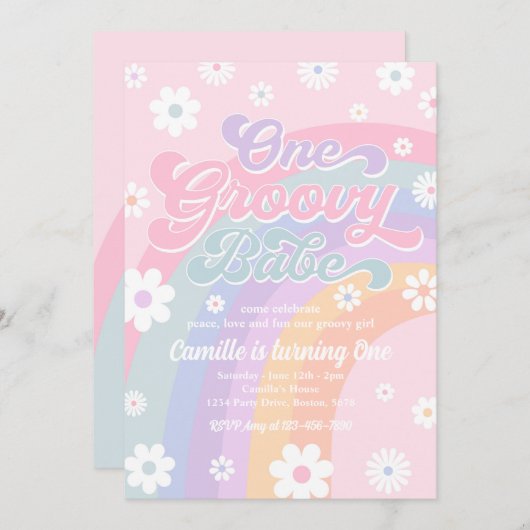 One Groovy Babe Retro Daisy Pink Rainbow Birthday Einladung (Vorne/Hinten)