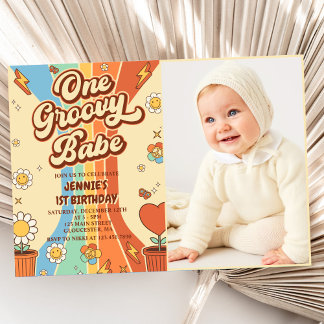 One Groovy Babe Retro Rainbow 1. Geburtstags-Foto Einladung