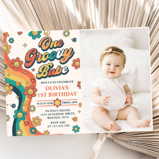One Groovy Babe Retro Rainbow 1. Geburtstags-Foto Einladung
