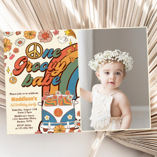 One Groovy Babe Retro Rainbow 1. Geburtstags-Foto Einladung