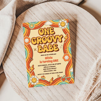One Groovy Babe Retro Rainbow 1. Geburtstags-Party Einladung