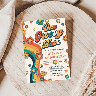 One Groovy Babe Retro Rainbow 1. Geburtstags-Party Einladung
