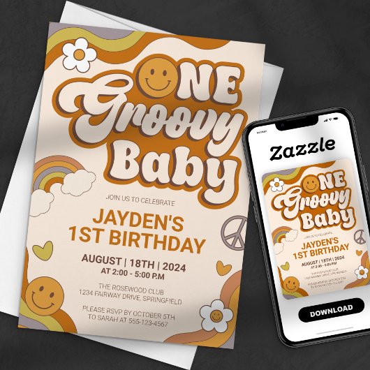 One Groovy Baby Retro 70er Party Geburtstag Einladung