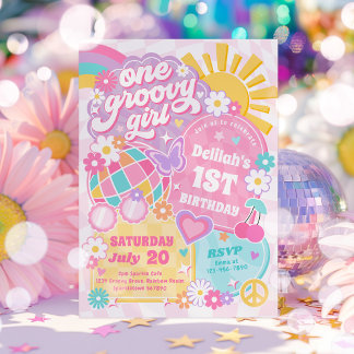 One Groovy Girl Groovy Rainbow 1. Geburtstag Party Einladung