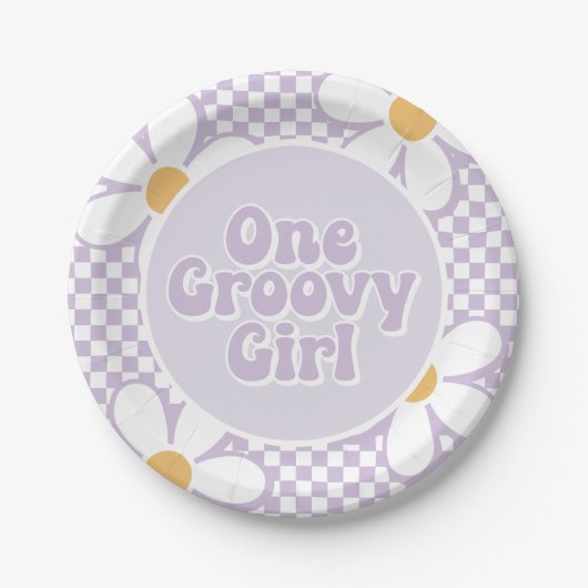 One Groovy Girl Lila Daisy Schachbrett Pappteller (Vorderseite)