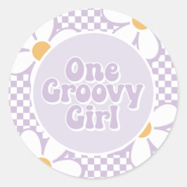 One Groovy Girl Lila Daisy Schachbrett Runder Aufkleber