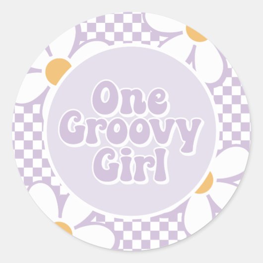 One Groovy Girl Lila Daisy Schachbrett Runder Aufkleber (Vorderseite)