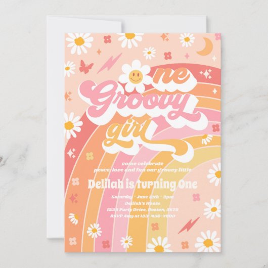 One Groovy Girl Peace Liebe Party Rainbow Birthday Einladung (Vorderseite)