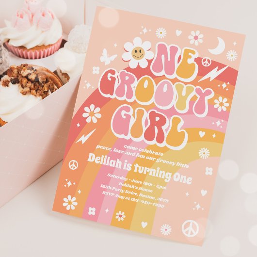 One Groovy Girl Peace Liebe Party Rainbow Birthday Einladung