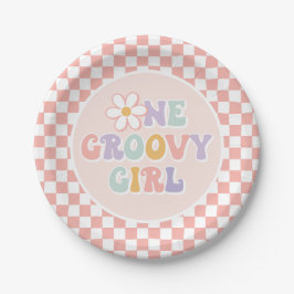 One Groovy Girl Pink Daisy Schachbrett Pappteller