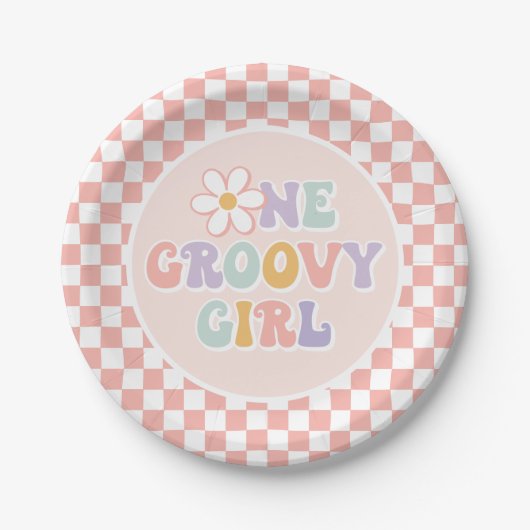 One Groovy Girl Pink Daisy Schachbrett Pappteller (Vorderseite)
