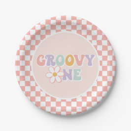 One Groovy Girl Pink Daisy Schachbrett Pappteller