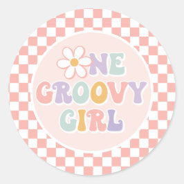 One Groovy Girl Pink Daisy Schachbrett Runder Aufkleber