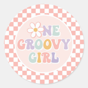 One Groovy Girl Pink Daisy Schachbrett Runder Aufkleber