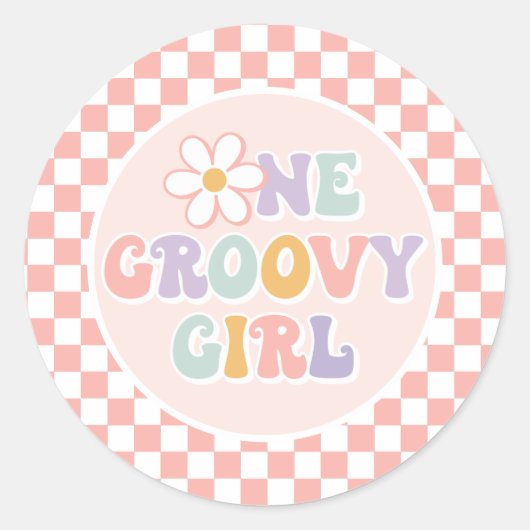One Groovy Girl Pink Daisy Schachbrett Runder Aufkleber (Vorderseite)