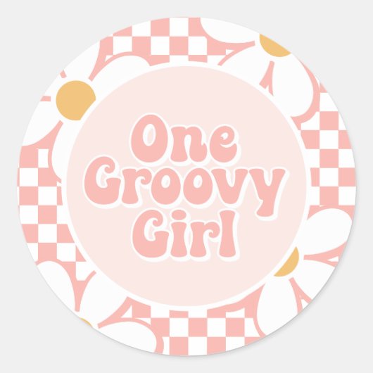 One Groovy Girl Pink Daisy Schachbrett Runder Aufkleber (Vorderseite)