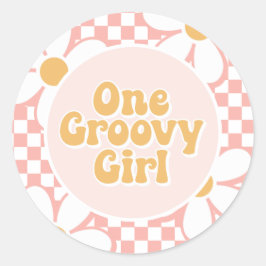 One Groovy Girl Pink Daisy Schachbrett Runder Aufkleber