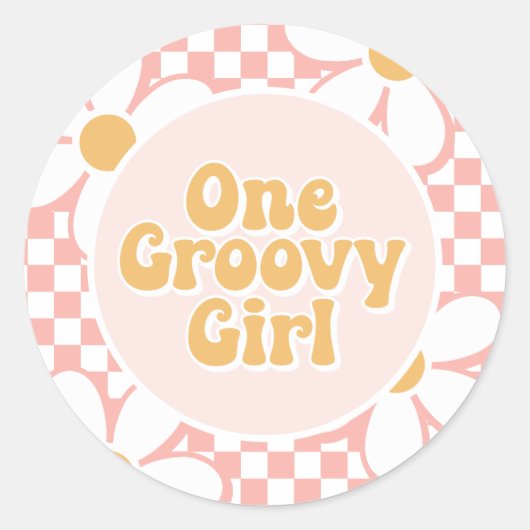 One Groovy Girl Pink Daisy Schachbrett Runder Aufkleber (Vorderseite)