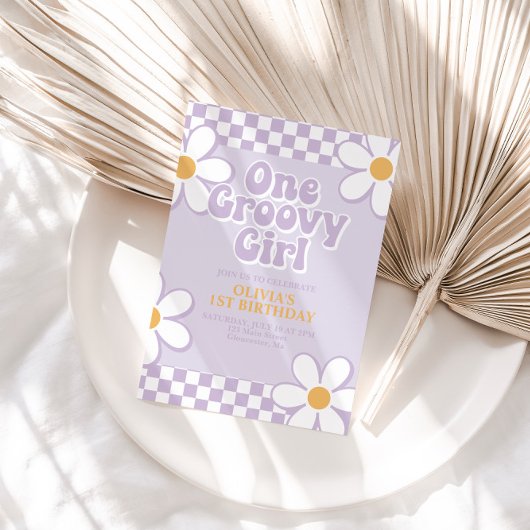 One Groovy Girl Retro Karo Lilac Daisy Einladung