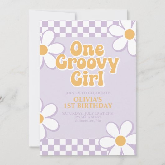 One Groovy Girl Retro Karo Lilac Daisy Einladung (Vorderseite)