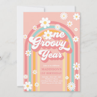 One Groovy Year Boho Daisy Rainbow 1. Geburtstag Einladung