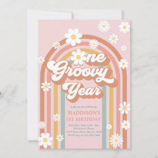 One Groovy Year Boho Daisy Rainbow 1. Geburtstag Einladung