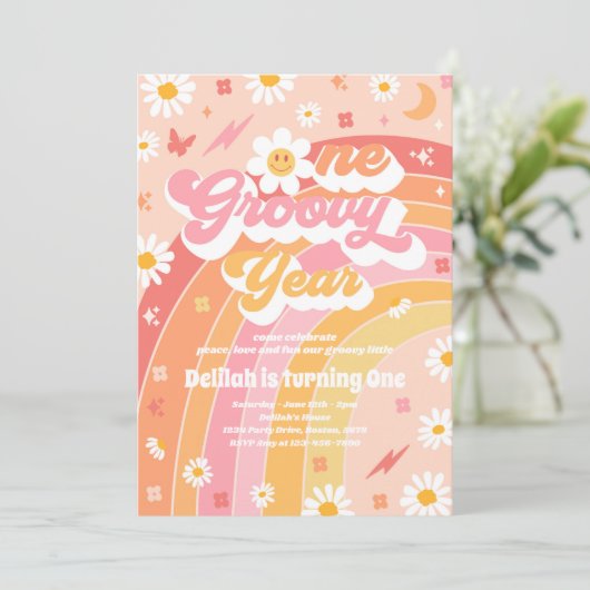 One GroovYear Peace Liebe Party Rainbow Birthday Einladung (Stehend Vorderseite)