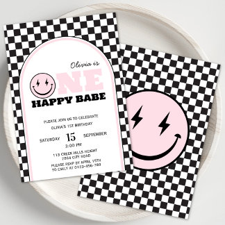 One Happy Babe Girls Pink Erster Geburtstag Einladung
