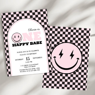 One Happy Babe Girls Pink Erster Geburtstag Einladung