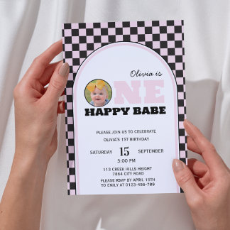 One Happy Babe Girls Pink Foto Geburtstag Einladung
