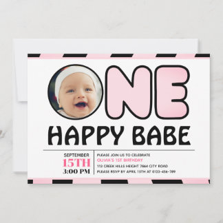 One Happy Babe Groovy Karo Girl Foto Geburtstag Einladung
