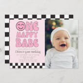 One Happy Babe Happy Face Pink Foto Einladung (Vorne/Hinten)