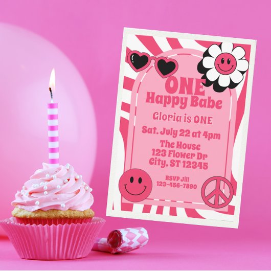 ONE Happy Babe, pink 1st Birthday Einladung